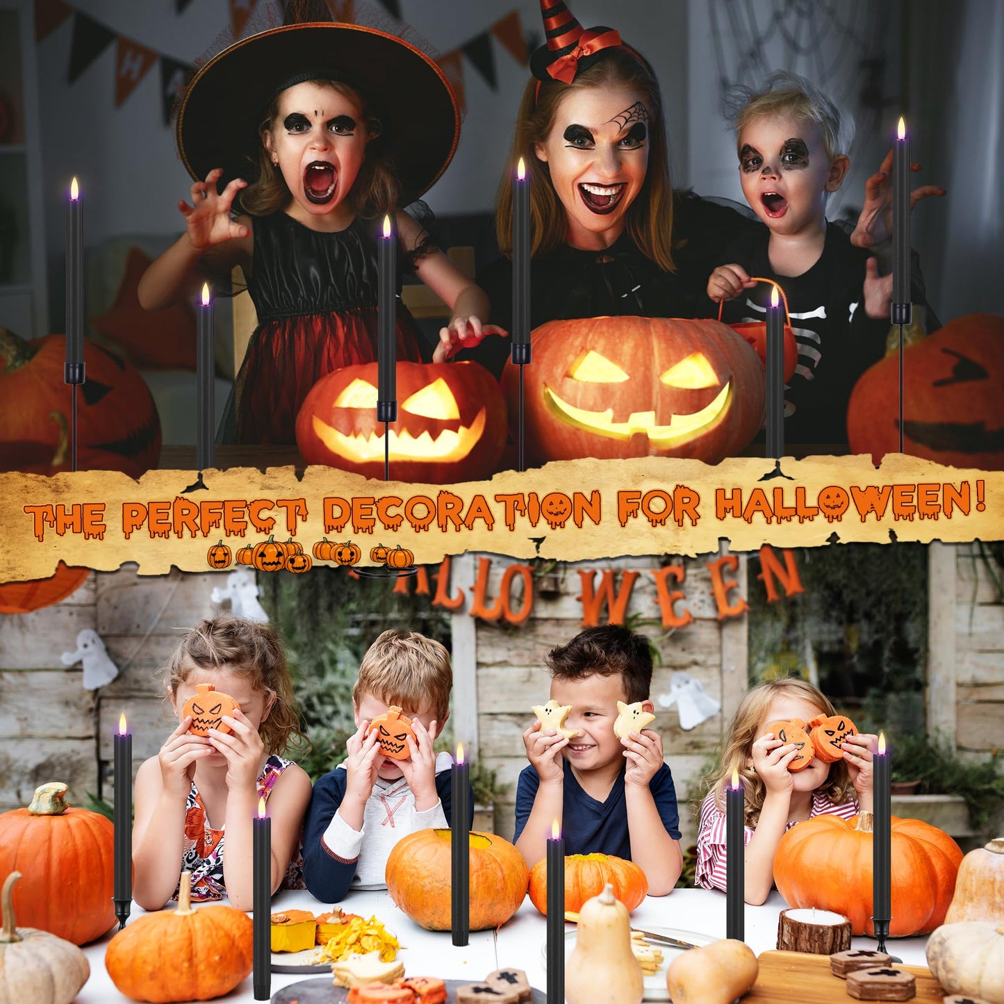 AFINETH Black Flameless Taper Candles with Remote, 9.6" Halloween Battery Operated Candles 3D Wick, 6 Pack Real Wax Led Candlesticks Flickering Electric Candle for Halloween, Home, Party Decor