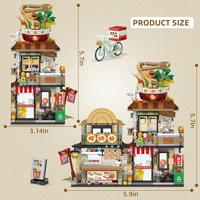 Street View Noodle Shop Mini Building Blocks MOC Creative Building Toys Model Set for Girls 7-9 Years Old 870 PCS Simulation Architecture Construction Toy Gift Idea for Kids Adults