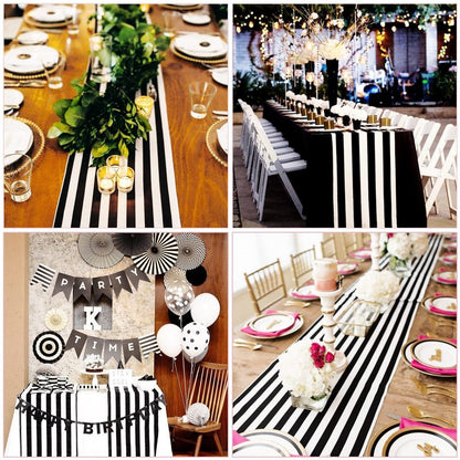 Lykoow 8 Pack Striped Table Runner Polyester Classic Black and White Striped Table Decor for Indoor Outdoor Events, Wedding, Birthday Parties, Banquets and Celebrations (12 x 72 Inch)
