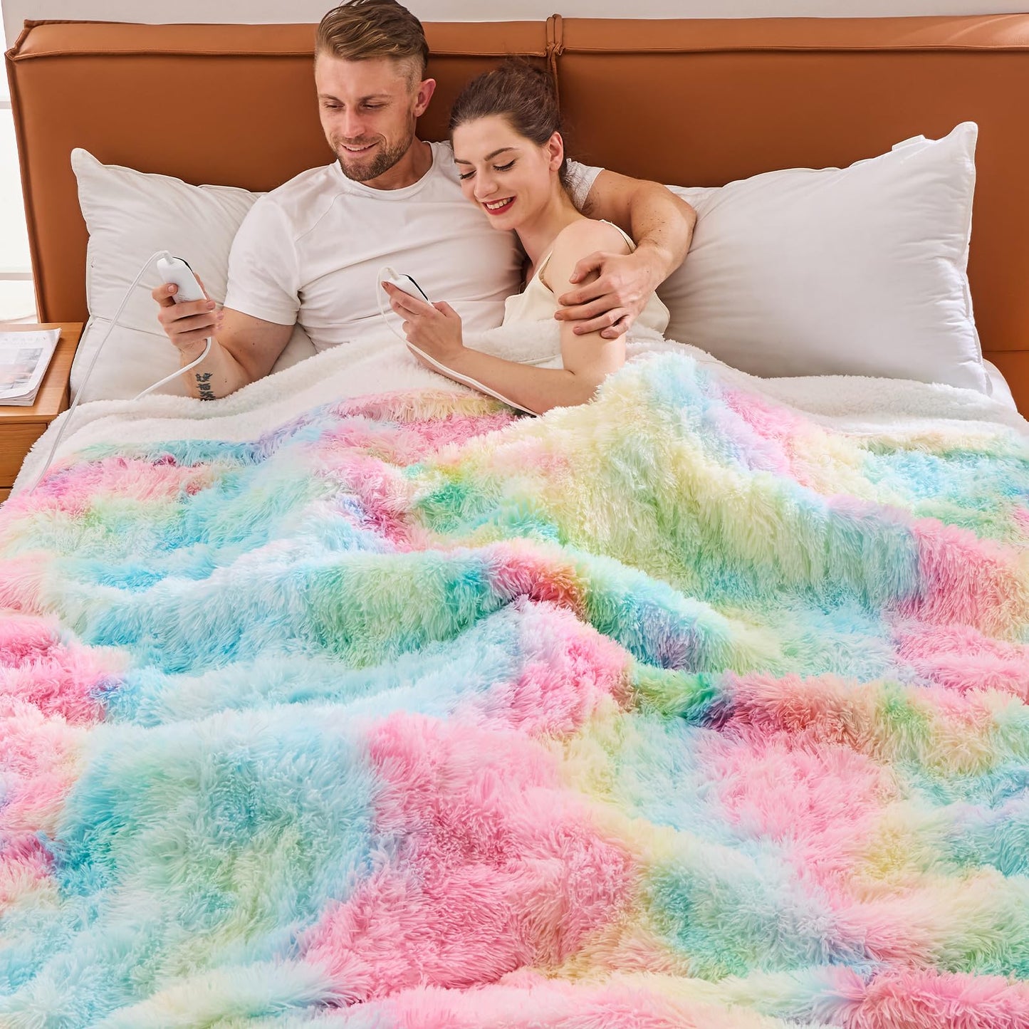 Heated Electric Blanket Throw,Warm Winter Birthday Gifts for Women Her Grandma-Faux Fur with Soft Sherpa,10 Heat Settings,5 Time Settings with Fast Heating, 50x60, Rainbow