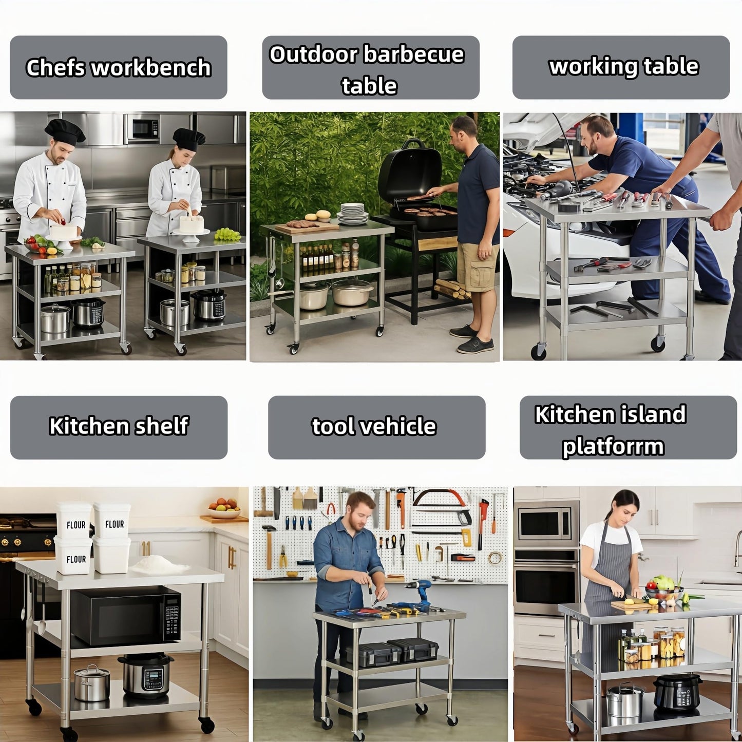 Stainless Steel Table with Wheels for Food Preparation and Work, Multi-Size Optional, Three-Layer Variable Two-Layer Metal Commercial Workbench Outdoor, Restaurant, Kitchen (44" Lx24 Wx34 H)