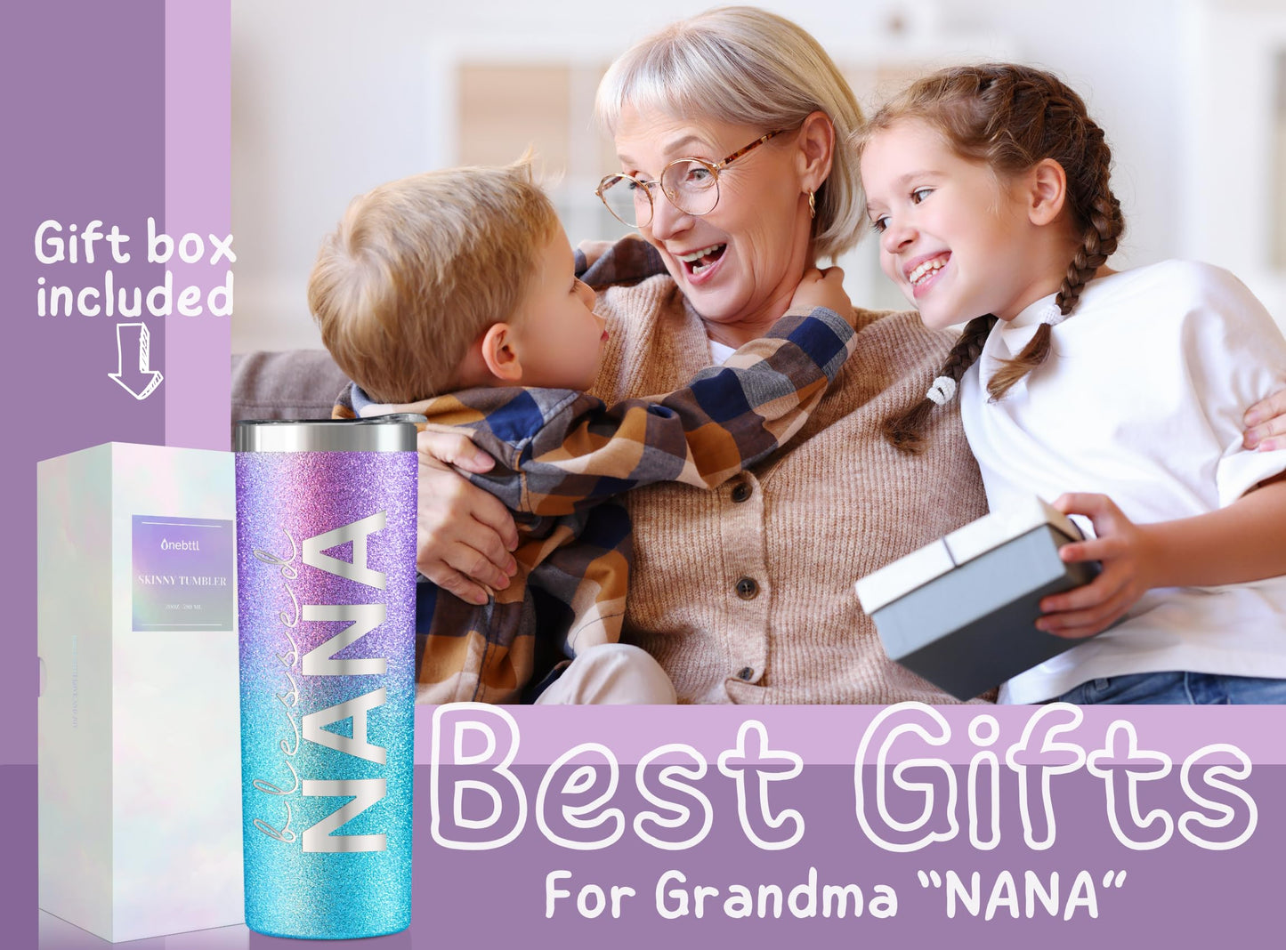 Onebttl Christian Grandma Gifts for Mother's Day, 20oz Purple & Blue Glitter Skinny Tumbler, Straw & Lid Included, Nana Gifts - Blessed Nana