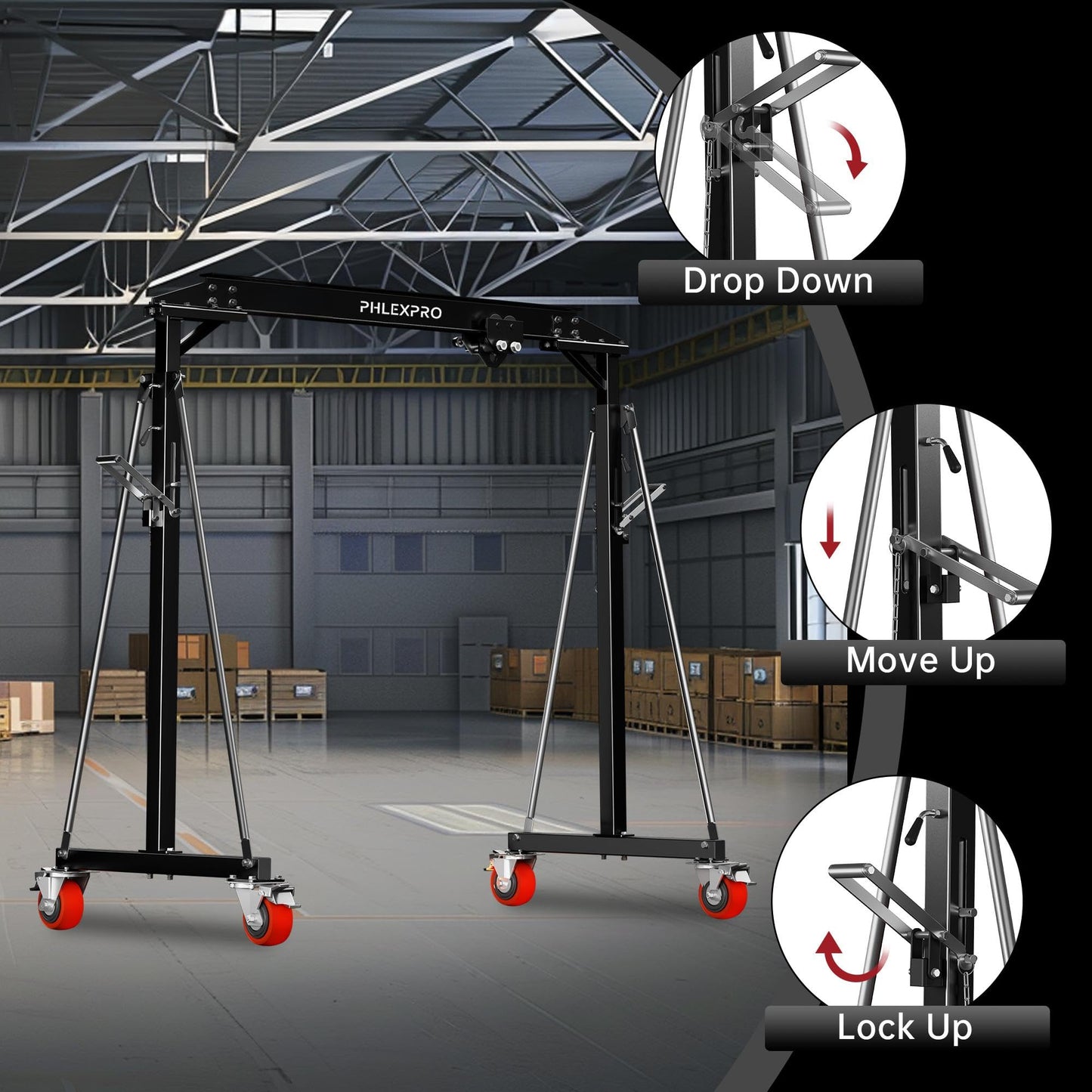 1 Ton Gantry Crane - MAX3000Lbs Portable Hoist Frame with Steel I-Beam Construction, Adjustable Height 8.57-12.50ft, Lifting Gantry for Factories, Garage, Auto Repair, Construction Site, Black