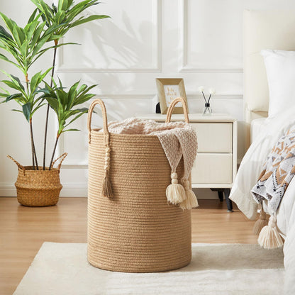 Jute Woven Rope Laundry Hamper, Tall Laundry Basket for Blanket Storage, Large Dirty Clothes Hamper for Toys, Decorative Baby Nursery Hamper for Bedroom, Living Room - Jute Brown, 58L
