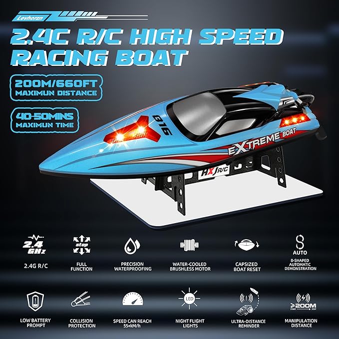 34+MPH Brushless RC Boat for Adults &amp Kids with 2 Rechargable Batteries- Large 19” Remote Control Boat Toy HJ816 Rc Speed Boats for Lakes &amp Rivers (Cyan)