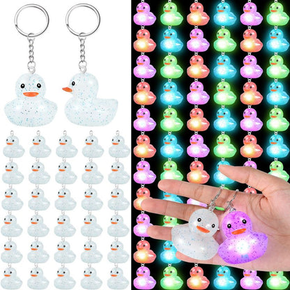 Deekin 100 Pcs LED Light up Rubber Duck Keychain, Glow in The Dark Cruise Duck Keychain Bulk, 3D Tiny Key Chains for Carnival, Birthday Party, Goodie Bag Fillers, Wedding Favors (Stylish)