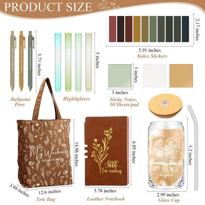 Havawish 14 Pcs Book Lovers Gifts for Women 16 oz Glass Cup Tote Bag A6 Journal Notebook Ballpoint Pens Highlighters Sticky Notes for Library Reader Bookworm Book Club(Brown,Aesthetic)