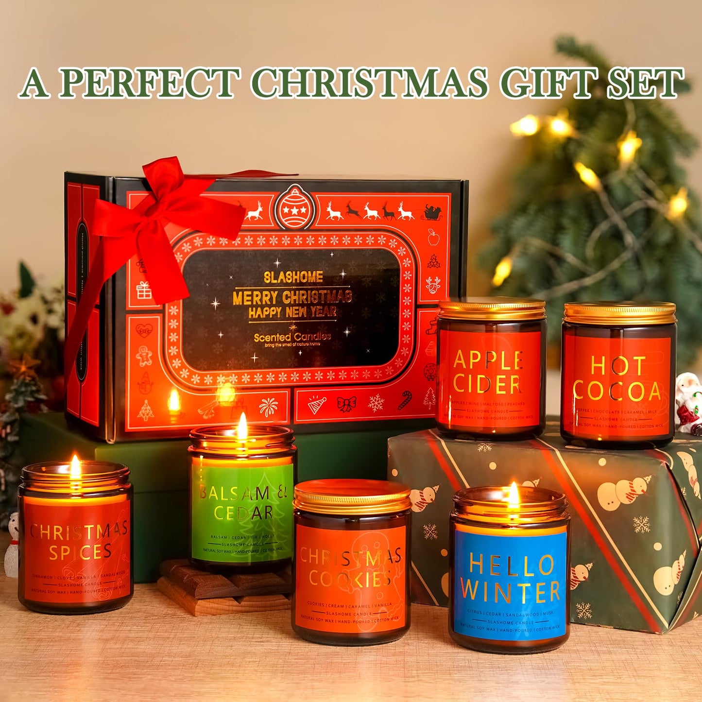 Christmas & Winter Candle Gift Set, 6 Pack 7oz Soy Scented Candles for Home, Holiday & Birthday Gift for Women & Men, Balsam Cedar, Christmas Cookies & Spices, Apple Cider, Hot Cocoa & Hello Winter