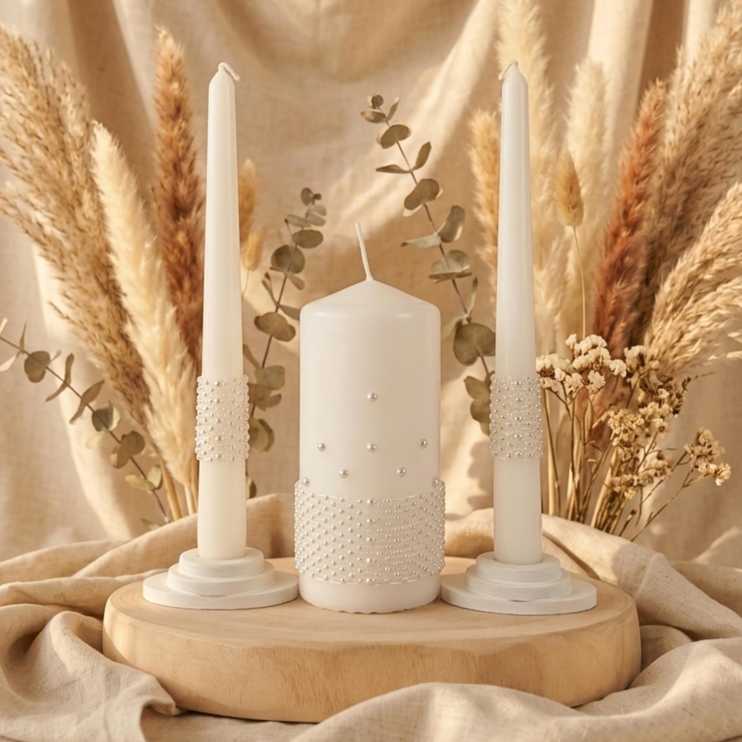 Magik Life Unity Candle Set - Wedding Ceremony & Reception Candle– 6” Pillar & Two 10” Taper Candles – Long Burning Unity Candles for Marriage Ritual – Handmade in USA – White |Pearls| Luxury