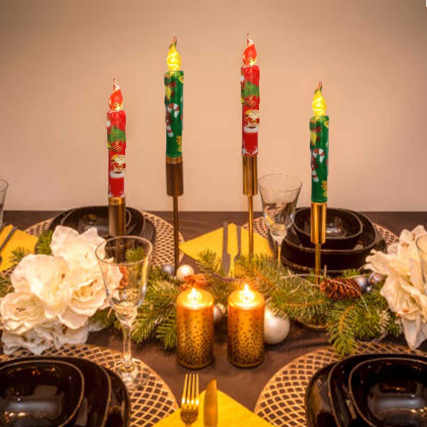 FCMSHAMD Christmas Flameless Short Taper Candles, Red Green LED Battery Operated with Remote, Flickering Flame Lights for Home Décor, 6.7 Inch Primitive Flameless Print Candles, 4PCS