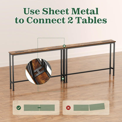 SUPERJARE 5.7 Inch Console Table with Outlet, Sofa Table, Behind Couch Table, 5.7 x 39.4 x 29.7 Inches, Metal Frame, for Living Room, Hallway, Rustic Brown