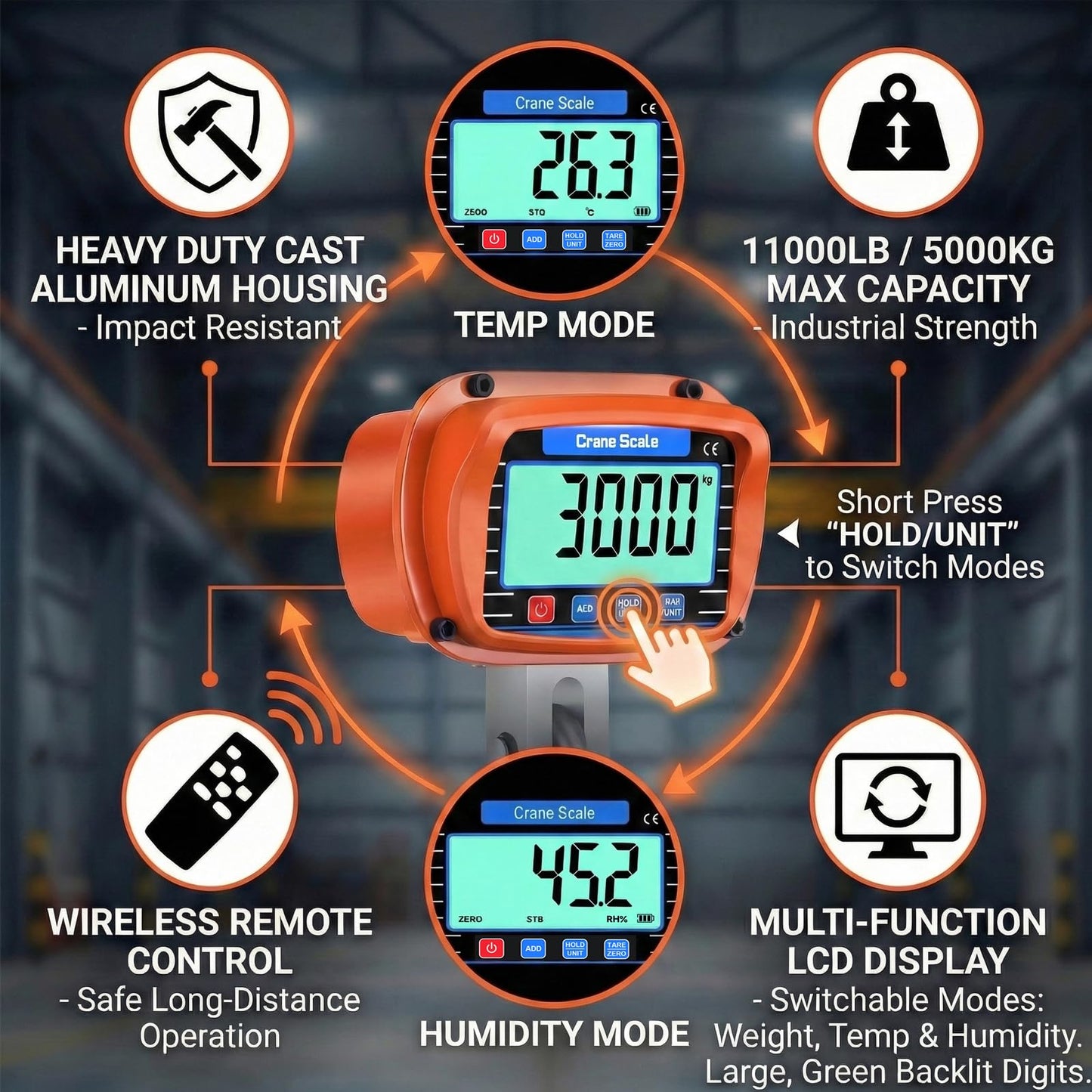RESHY 11000Lbs / 5 Ton Digital Crane Scale, 2lb (1kg) Accuracy Heavy Duty Cast Aluminum Hanging Scale w/Wireless Remote, Temp & Humidity Monitor for Industrial, Warehouse