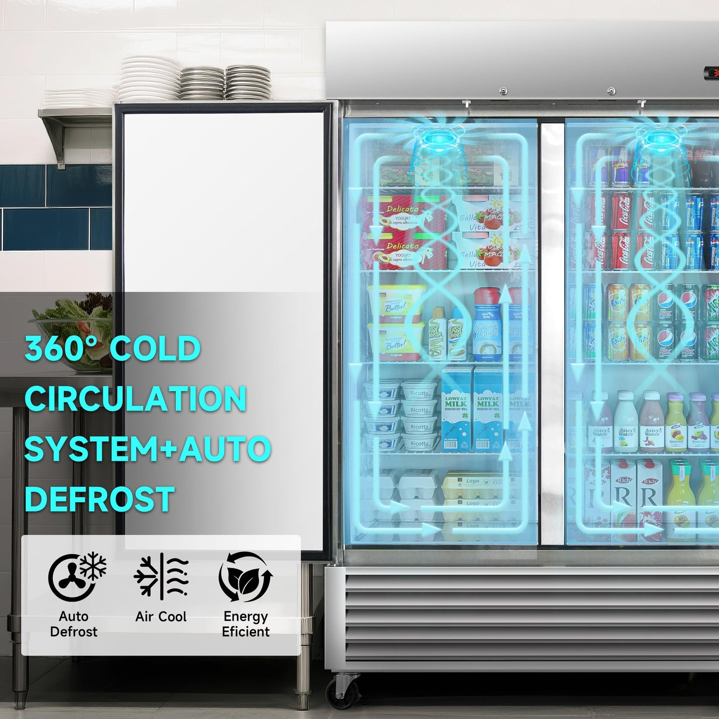 DeepTide 54" W Commercial Refrigerator with Double-Door: 49 Cubic Feet Storage, Adjustable Shelving, Automatic Defrosting, Precision Digital Thermostat, LED Lights, Safety Locks