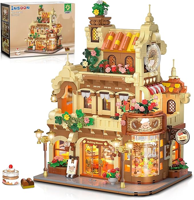City Bakery Cafe House Building Set with Light 1289 PCS Baking Shop Building Block Toy with Coffee Cake Bread Bakery Room Pastry Construction Model for Adults Teens Kids Boys Girls Ages 8-12+