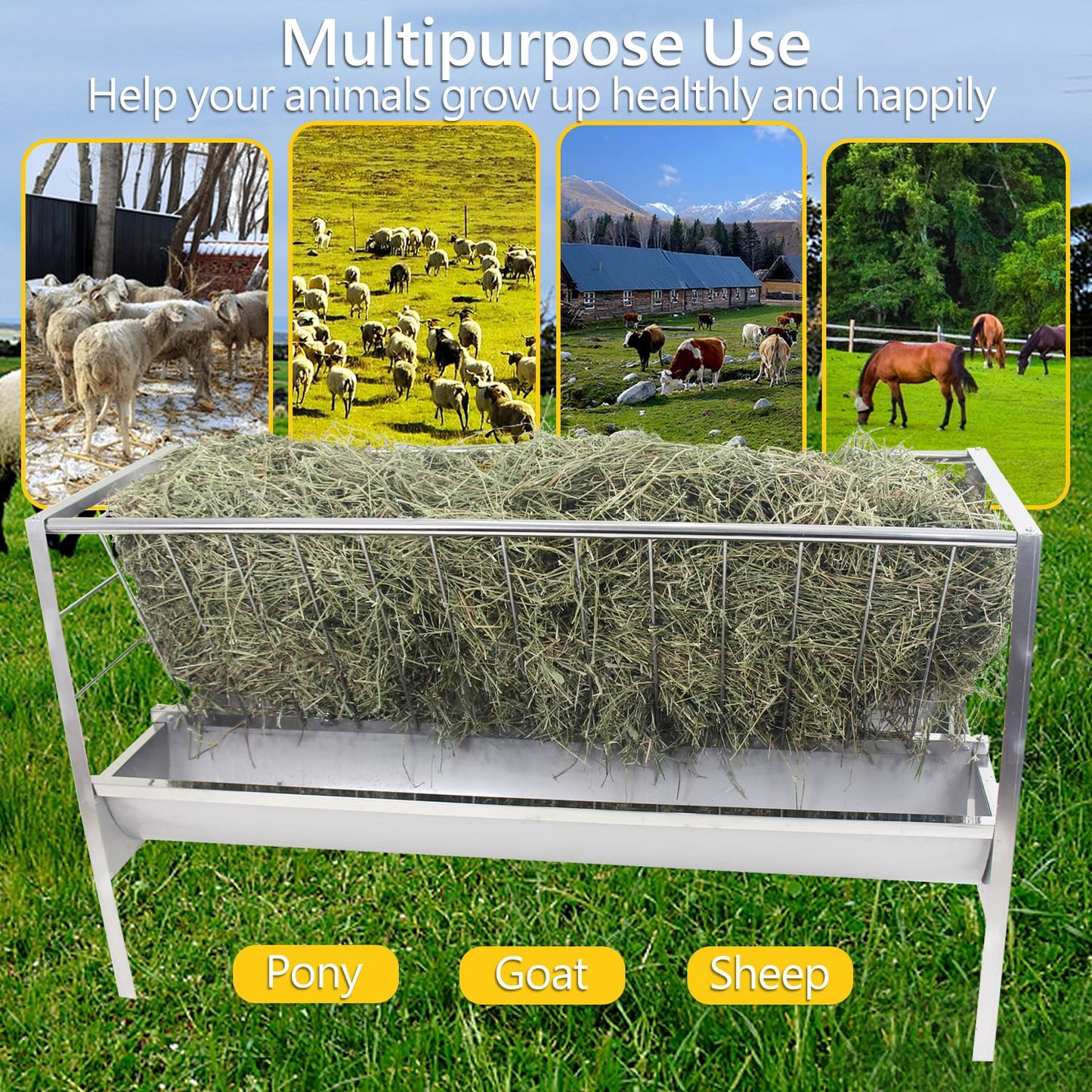 BUYYAH Stainless Steel Pasture Feeder, 5-Feet, 77 Gallon Capacity Livestock Feeder with Deeper Feeding Pan, Easy to Assemble and Carry, Feeding Goats, Sheep and Ponies, for Farms, Sheep Sheds