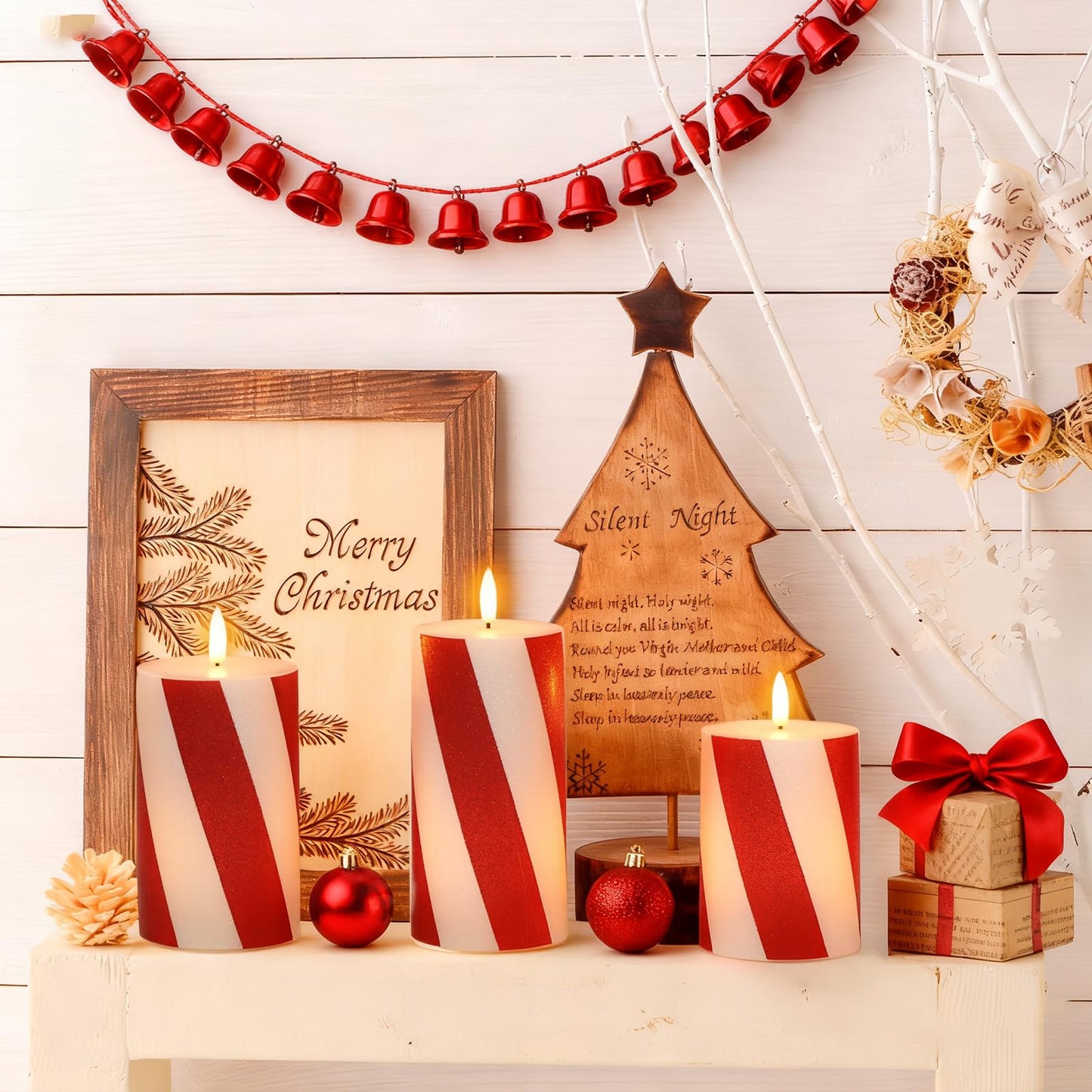 Eldnacele Christmas Candy Cane Stripe Flameless Candles with Remote and Timer, Battery Operated 3D Wick Flickering Real Wax Stripe Glitter Pillar LED Candles Holiday Xmas Decor (3Pcs, D3×H4/5"/6")