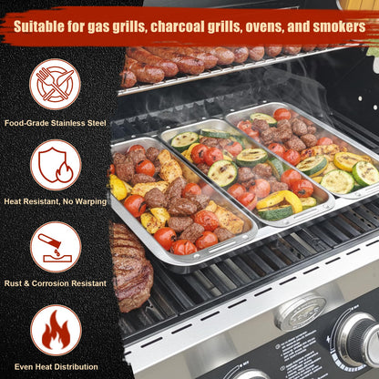 BBQ Vegetable Grill Basket Set, 4 Piece Stainless Steel Grill Pan Set with Universal Handle & lid, Dishwasher Safe, for Outdoor Cooking, Camping, Picnic, For Grilling Fish Veggies & Meats