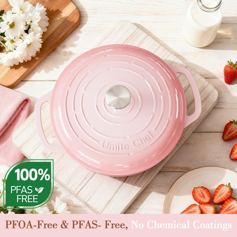 Umite Chef 6QT Enameled Cast Iron Dutch Oven with Lid, Versatile Heavy-Duty Cookware Pot for Baking Bread, Braising, Soups & Stews, Oven & Stovetop Safe with Heat Resistant Gloves(Pink)