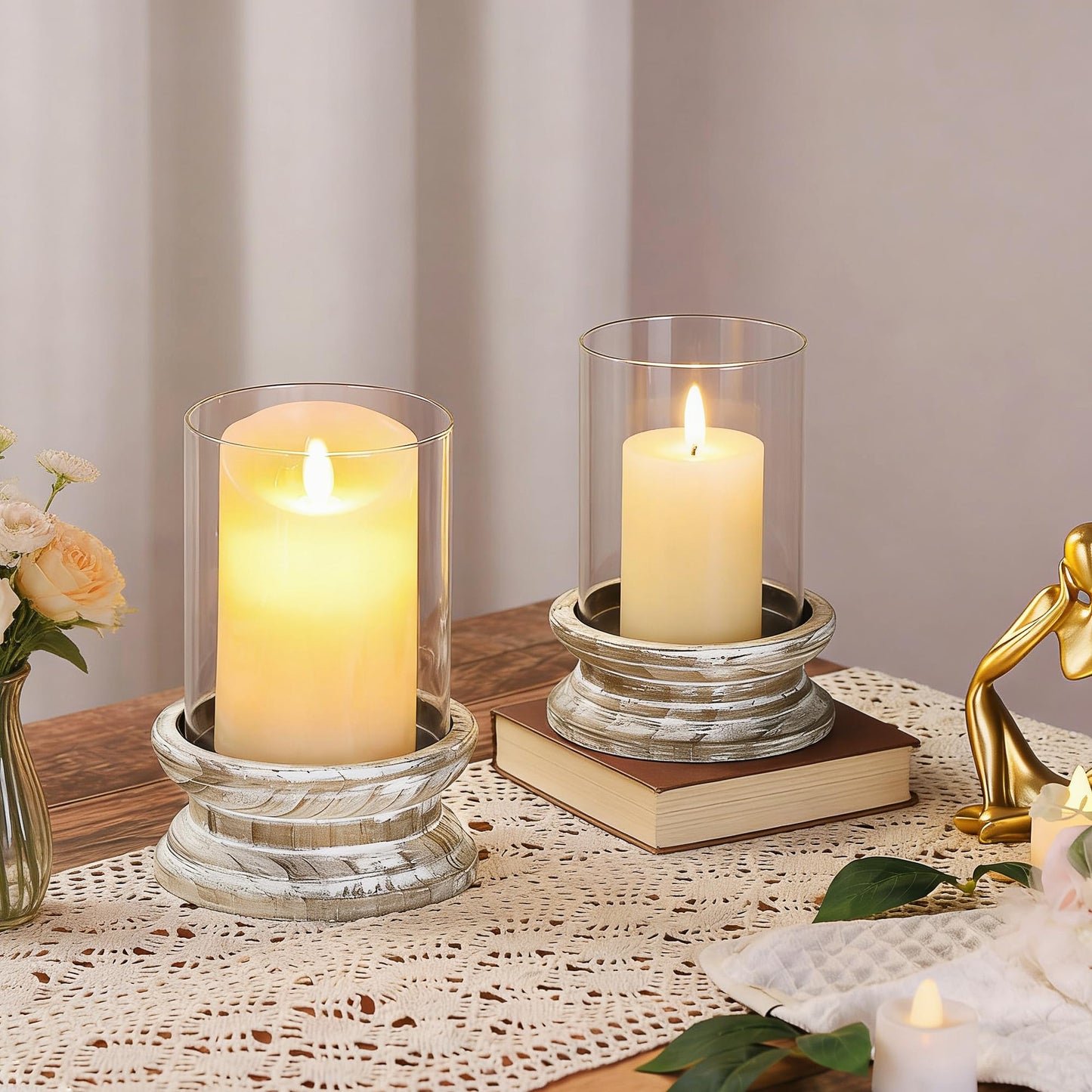 Set of 2 Glass Hurricane Candle Holders for Pillars with Florence Style Solid Wooden Base Crafted from Pine in Distressed Brown, Farmhouse Candlestick Holder, Centerpiece for Home, Table, Mantel