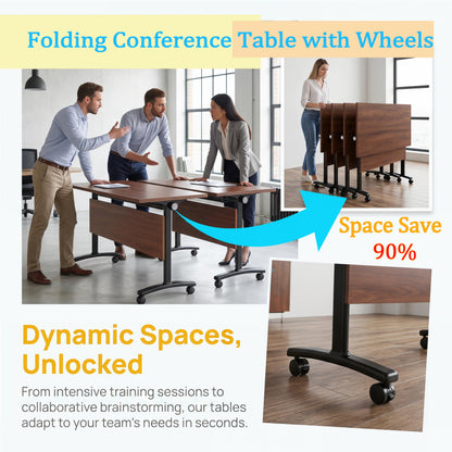 JNMDLAKO Modular Folding Conference Table with Locking Wheels, 8 Pack Flip Top Mobile Training Table, Modern Meeting Seminar Tables for Office, Hotel Conference Room(8,Walnut,71" L x 21" W x 29" H)