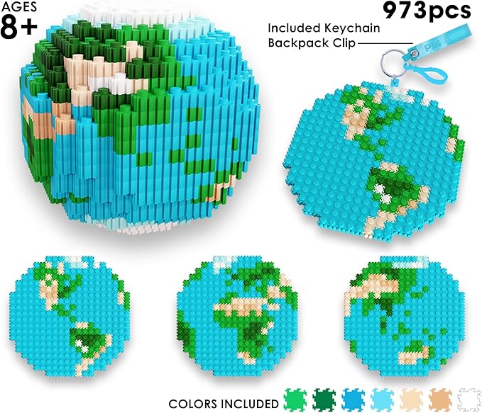 Pix Brix Space Bottle – Earth Set | 973-Piece 2D &amp 3D Earth Building Kit for Kids 8+ | Reusable Storage Bottle Keychain Clip Pixel Art Blocks | STEM Toy Compatible with Major Brick Brands