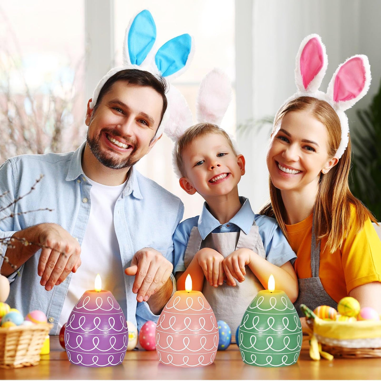 Leorate 3PCS Easter Egg Flameless Candles – 5.2" Battery Operated LED Egg Candles with White Wave Pattern, Green Purple Pink Real Wax Finish, Flickering Flame for Easter Table Centerpiece Spring Home