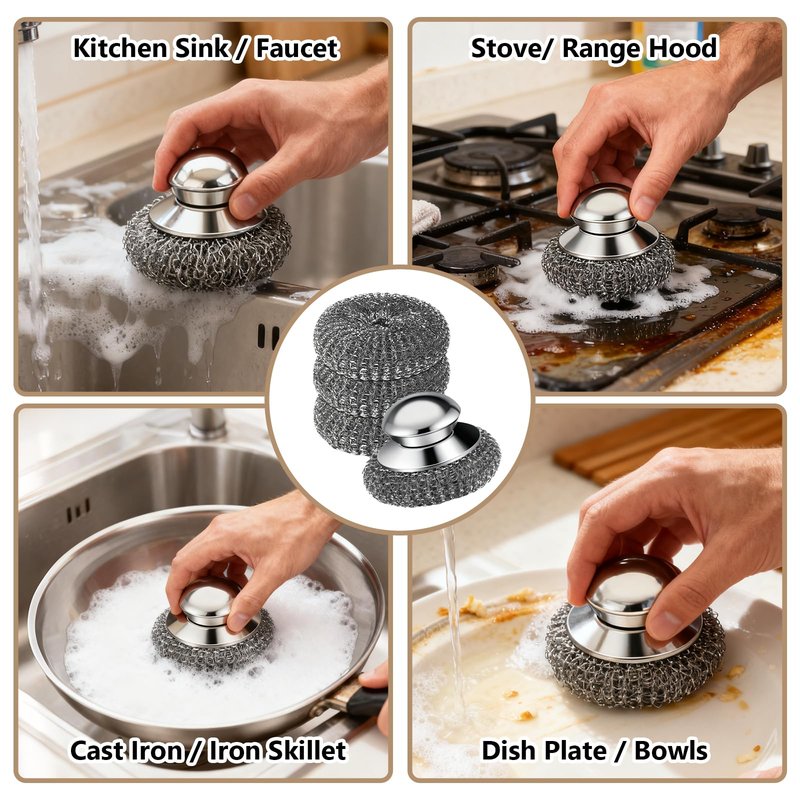 Steel Wool Scrubber, 4-Pack Stainless Steel Scrubber Pads with Handle - The Ultimate Scouring Solution for Rust, Stubborn Messes on Cookware, Grill, Oven & Kitchen Sinks