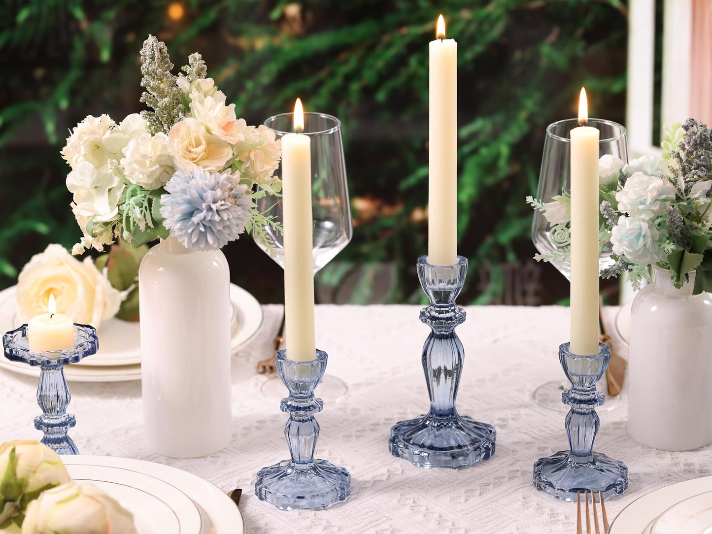 Simeitol Blue Candlestick Holders Set of 6, Taper Candle Holders, 4.3" H & 6.3" H Glass Candle Holder for Candlesticks & Pillar Candles, Candle Holder for Table Centerpieces and Wedding Decor