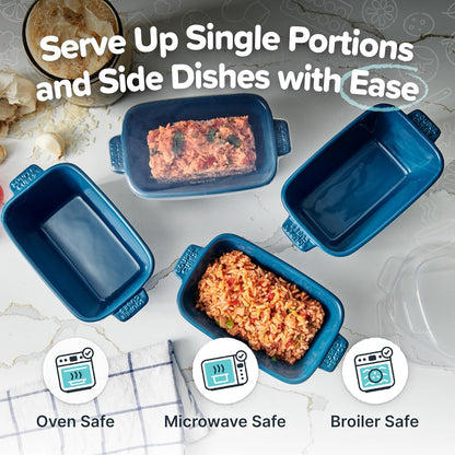 Souper Cubes Stoneware - Small 5" x 3" Ceramic Baking Dish Set of 4 with Silicone Covers | Ideal for Reheating Single Servings - Blueberry