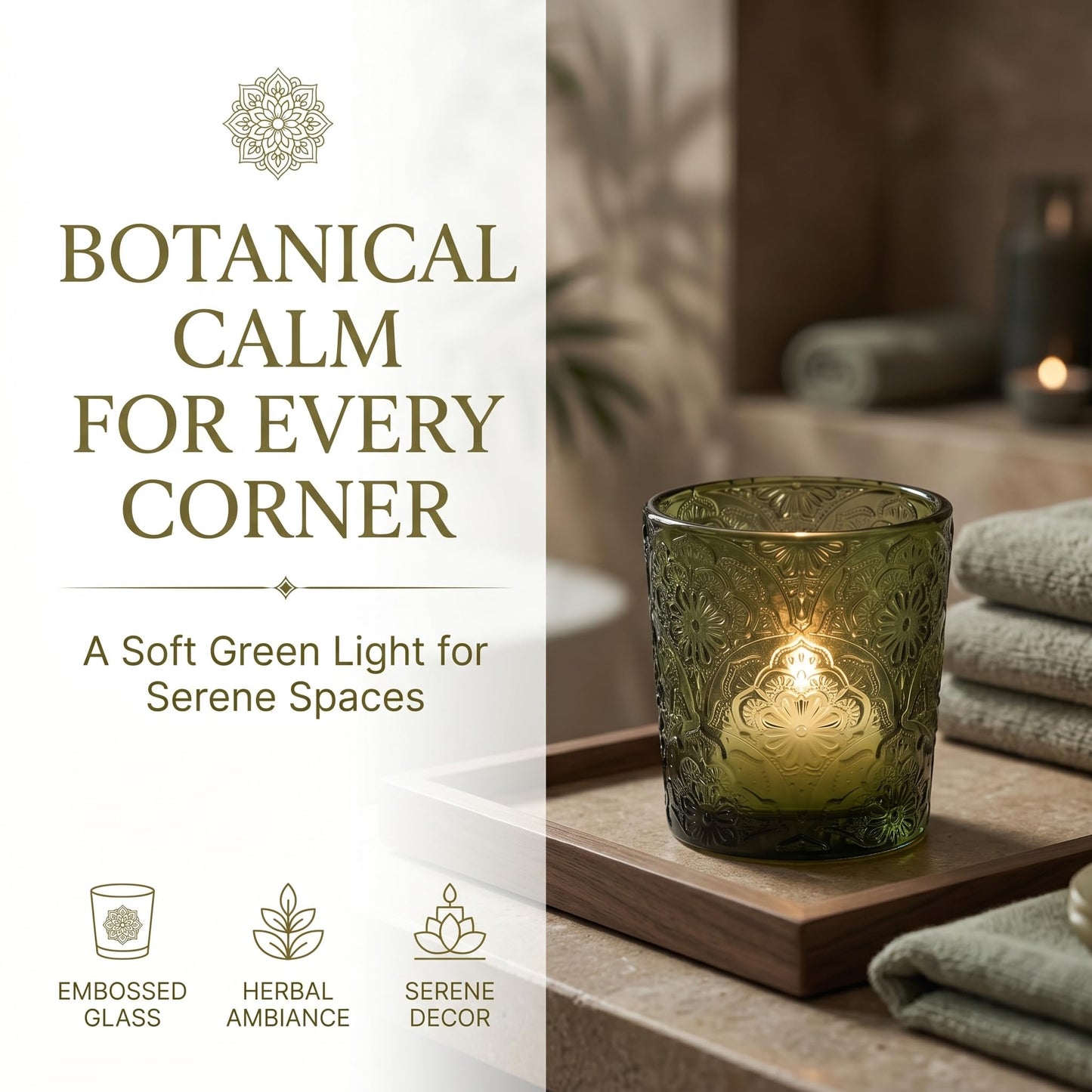 12 Pack Mandala Embossed Glass Candle Holders – Votive Tealight Holders with Patent Design, Decorative Embossed Glass Cups for Wedding Centerpieces, Parties, and Home Décor (Moss Green)