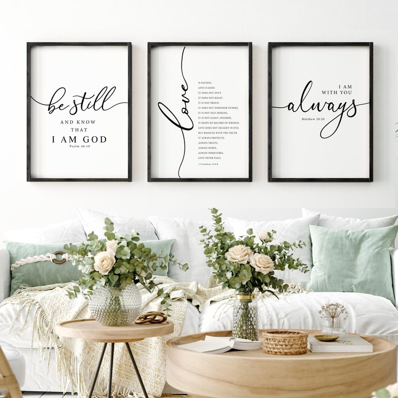 Heiple Framed Be Still and Know that I am God Sign Love is Patient Love is Kind Wall Art Set of 3 Prints for Home Bedroom Decor Above Bed Bible Verse Scripture Art Christian Religious Wall Decor (Black, 16"x24")