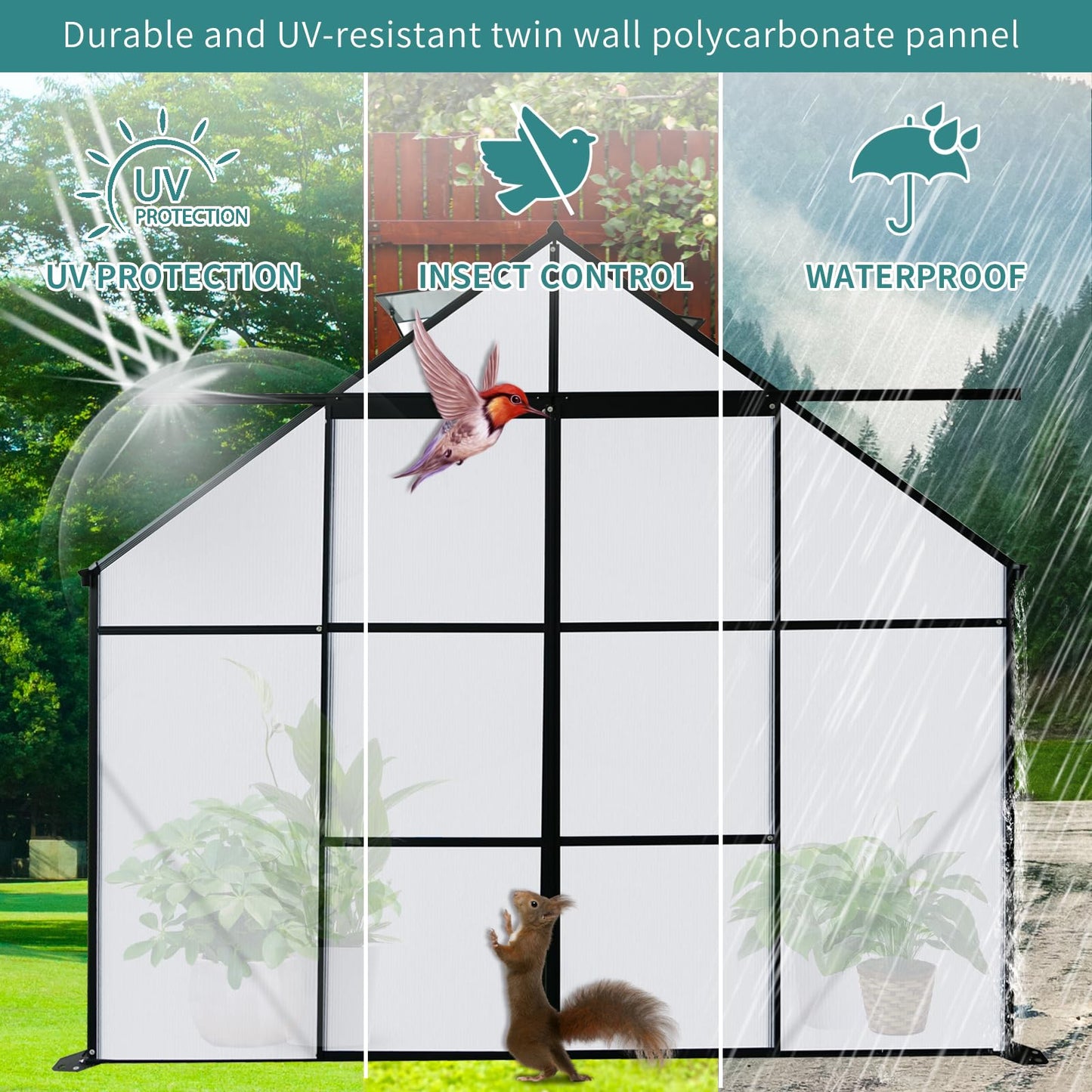 Ball & Cast 8X6 FT Greenhouse for Outdoors,Double Sliding Door Polycarbonate Raised Plant Base with Drainage System & Galvanized Frame,Backyard Anchor Aluminum Heavy Duty Walk-in Green Houses,Black