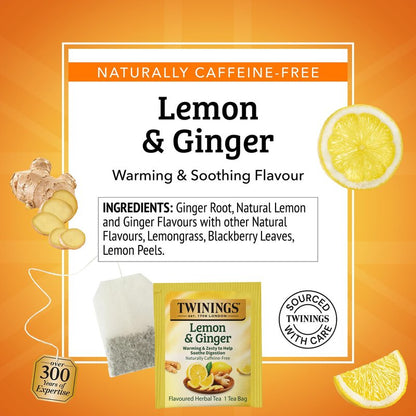 Twinings Lemon & Ginger Herbal Tea Individually Wrapped Bags, 100 Count (Pack of 1), Tangy Lemon, Spicy Ginger, Naturally Caffeine-Free, Enjoy Hot or Iced, 100 Teabags