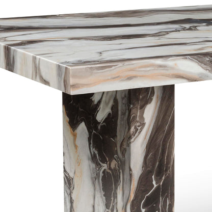 Roundhill Furniture Cavira 6-Piece Modern Faux Marble Dining Set, Double Pedestal Table with 4 Upholstered Chairs and a Bench