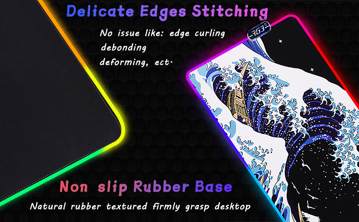MEWOOCUE Gaming Laptop Mouse Pad,Sea Wave Big Mice Pads PC Keyboard Waterproof and Non-Slip 31.5 x 11.9 0.12" Thick XL,XXL Rubber Table Mat, RGB Led with 10 Lighting Modes+9 Color Changing Modes Mat