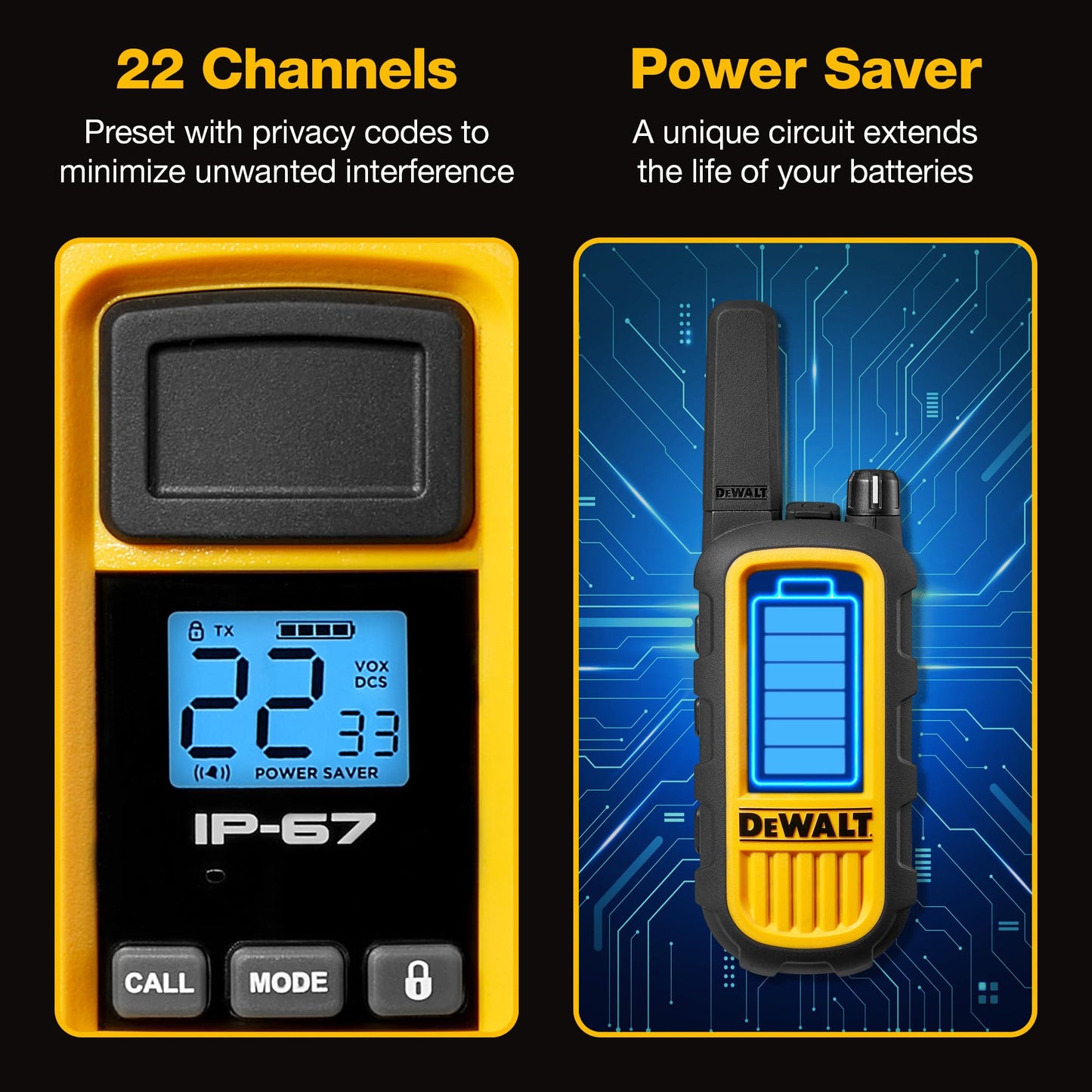 DEWALT DXFRS800 FRS Walkie Talkies, Long Range 2 Way Radio, 2W, IP67 Waterproof, 6 Pack with Gang Charger, DXFRS800-BCH6