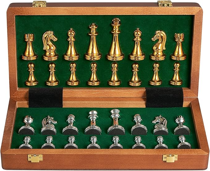 Metal Chess Set for Adults Kids 12'' Folding Wooden Chess Board with Metal Chess Pieces Handcrafted Portable Travel Chess Sets Game for Beginner Professional (Weighted Non-Magnetic)