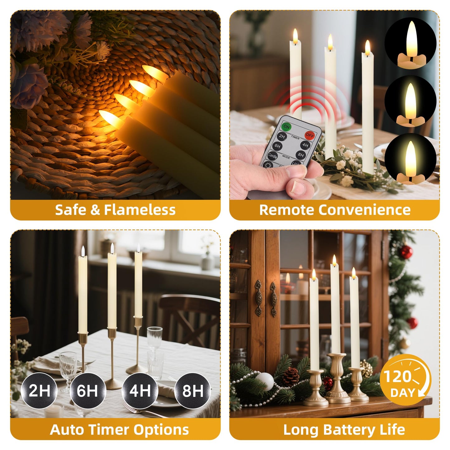 Upgraded 6 Pack Realistic Wax Flameless Taper Candles With Remote & Timer, 9.8 Inches Ivory Fake Candlesticks Battery Operated 3d Flickering, Functionality Led Candles For Indoor Home Decor