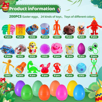 Cherislpy 200 Pack Prefilled Easter Eggs with Mini Novelty Squishy Fidget Toys Inside Assorted Toys Great for Kids Girls Boys Easter Party Favors Basket Stuffers Eggs Fillers