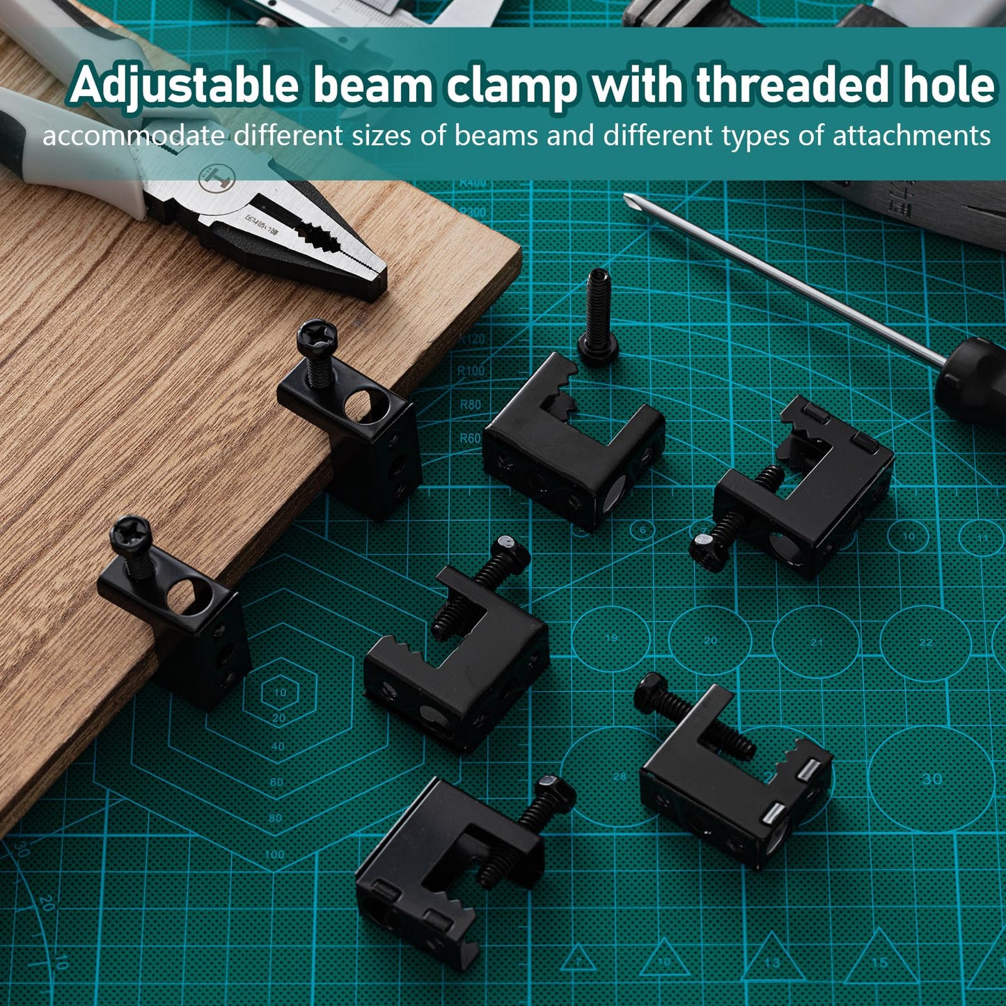 Tandefio 400 Pcs 1/4"-20 Spring Steel Beam Clamps Metal Beam Hangers Bolt on Clamp for Installation on Beams 1/4" and 3/8" Threaded Rod, S Hooks Bridle Rings for Pipe Cable Woodworking Tool (Black)