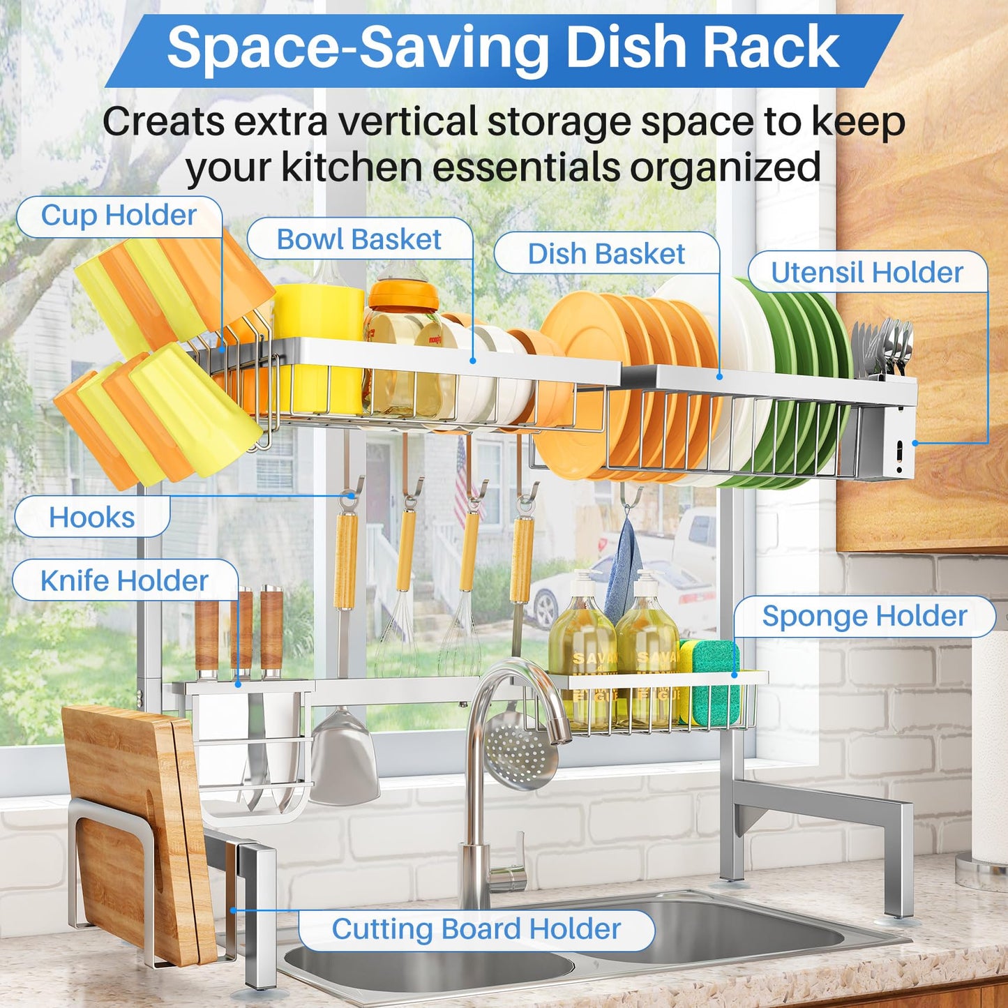 Over The Sink Dish Drying Rack, Full Stainless Steel 2-Tier Kitchen Counter Dish Drainer Rack Adjustable (33.8 to 41.5 inch), Expandable Dish Drying Rack with Kitchen Accessories, Silver
