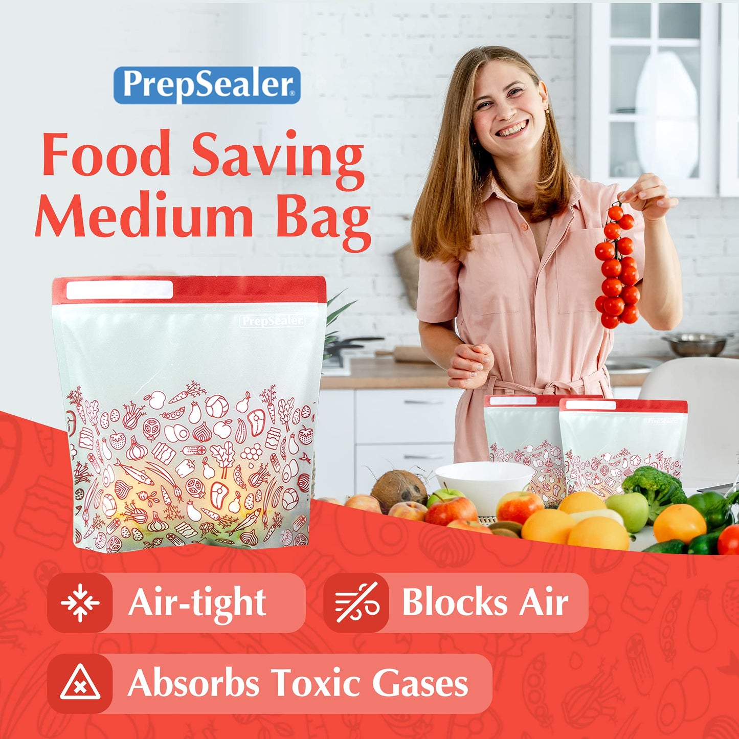PrepSealer Reusable Food Storage Bags – Keep Fruits, Veggies & Meats Fresh Longer -10 Pieces (3 S, 3 M, 4 L)
