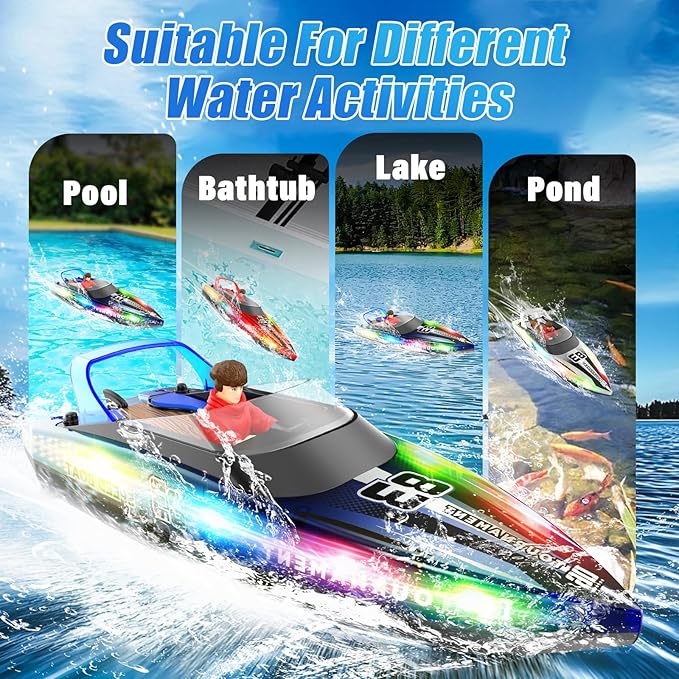 RC Boat with LED Lights 40+ Mins Self-Righting Waterproof Remote Control Boat for Pools Lakes Bathtubs Summer Water Toys for Kids Radio Controlled Watercraft (Blue)
