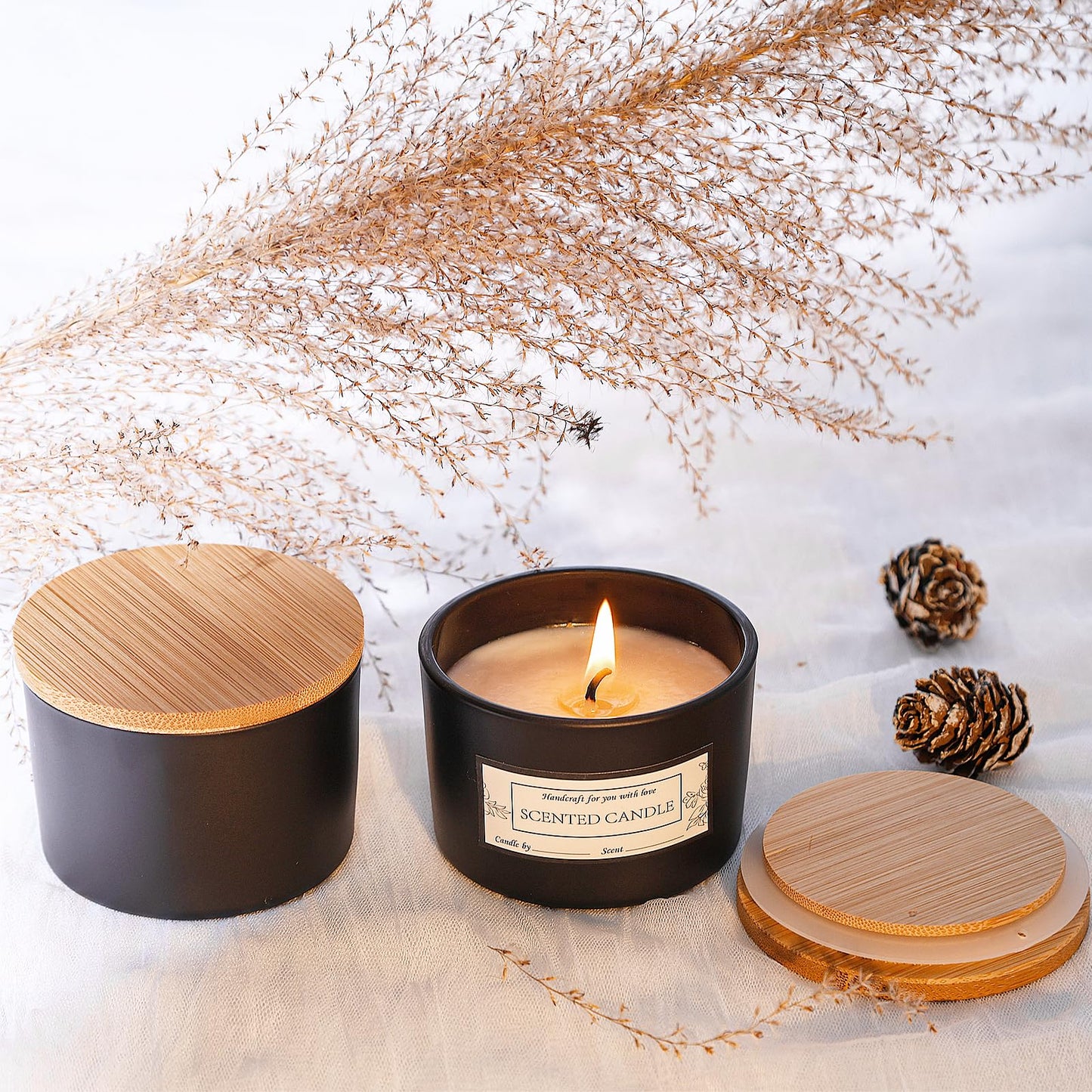 CONNOO 15 Pack 4 OZ Matte Black Glass Candle Jars with Airtight Bamboo Lids for Making Candles, Bulk Small Wide Mouth Empty Candle Containers with Sticky Warning Labels - Dishwasher Safe