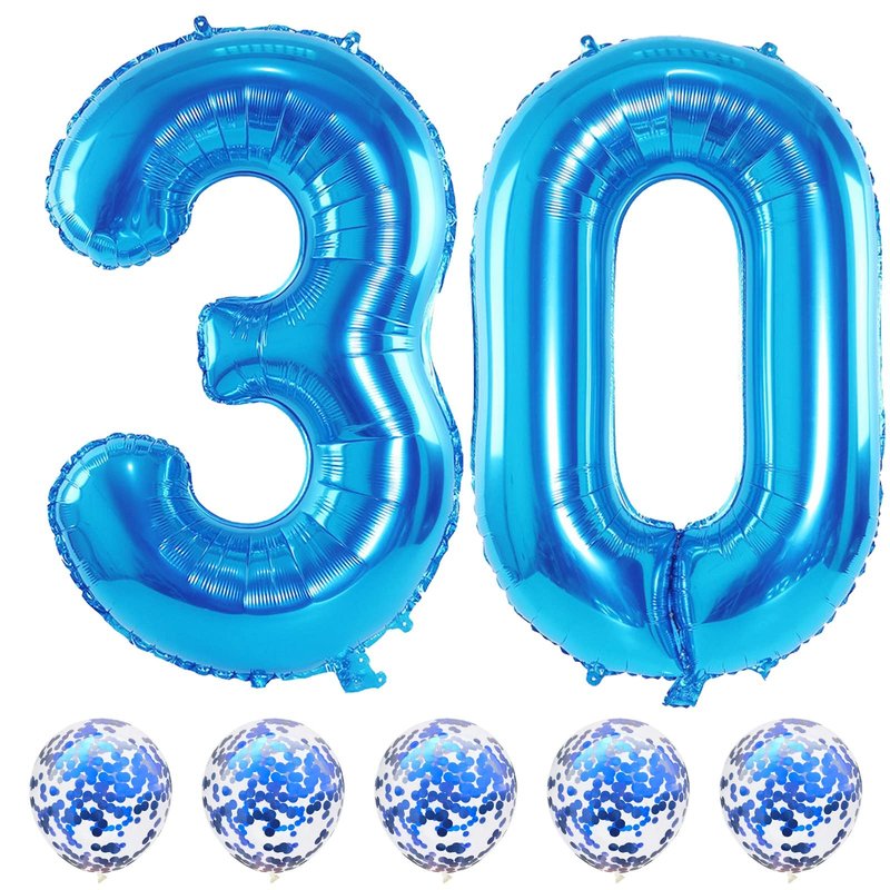40 Inch Number 30 Foil Balloons, Large Blue 30th Birthday Digital Balloons with Blue Confetti Helium Balloons, Number 0 and 3 Helium Balloons Self Inflating for Men Women Anniversary Party Decorations