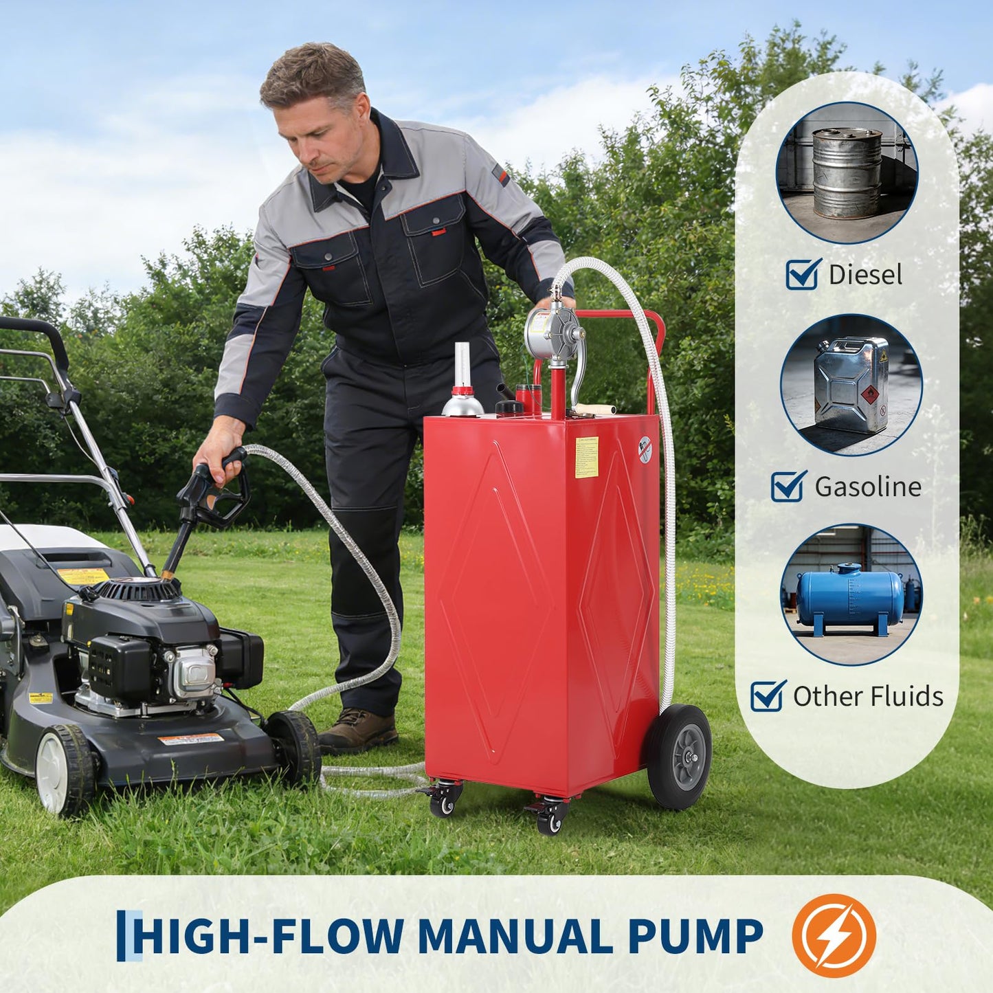 30 Gallon Portable Fuel Caddy with Manual Pump, Heavy Duty Mobile Fuel Transfer Tank On 4 Wheels, Gasoline & Diesel Storage Container for Trucks, Boats, ATVs, Lawn Mowers, Farm Equipment - Red