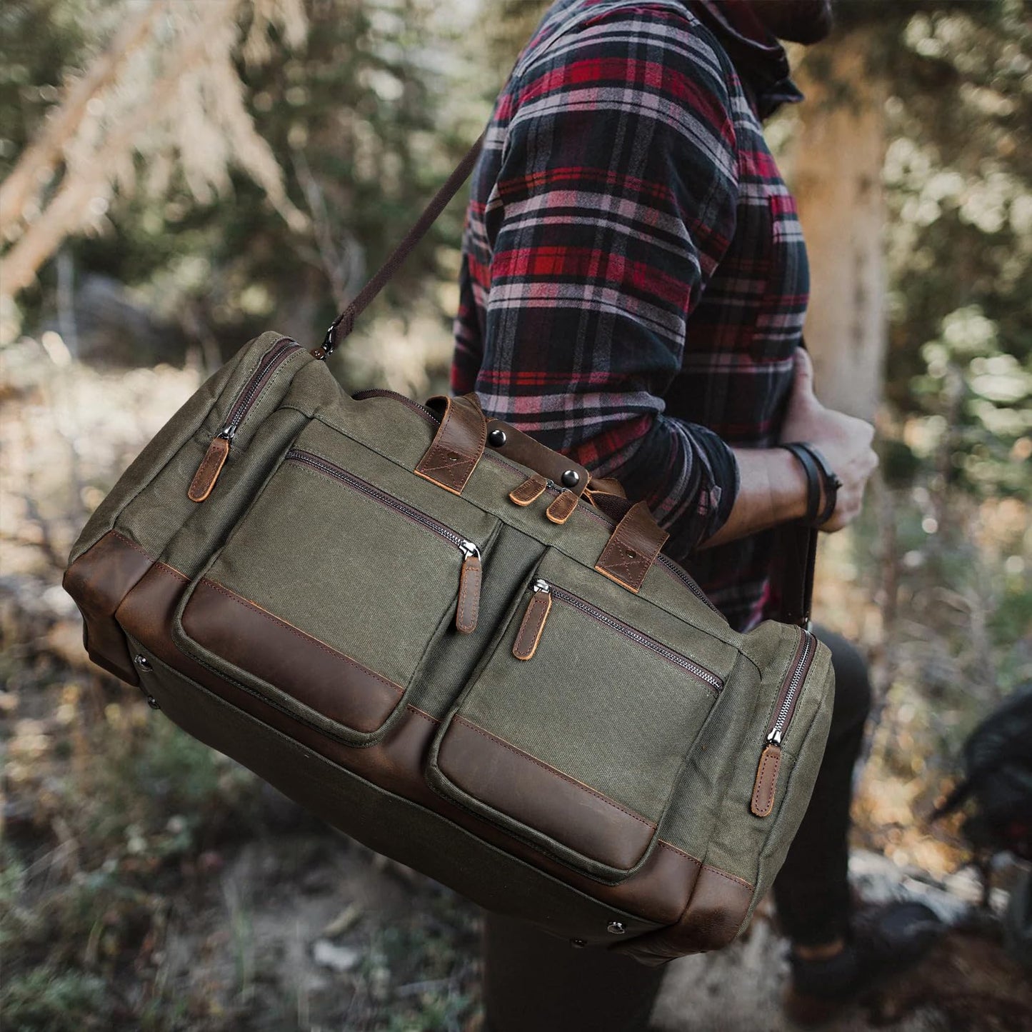 Polare 23” Waxed Canvas Cowhide Leather Waterproof Travel Duffel Bag Trim Luggage Weekender Overnight Carry on Hand Bag