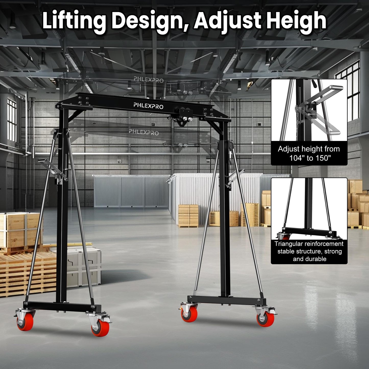 1 Ton Gantry Crane - MAX3000Lbs Portable Hoist Frame with Steel I-Beam Construction, Adjustable Height 8.57-12.50ft, Lifting Gantry for Factories, Garage, Auto Repair, Construction Site, Black