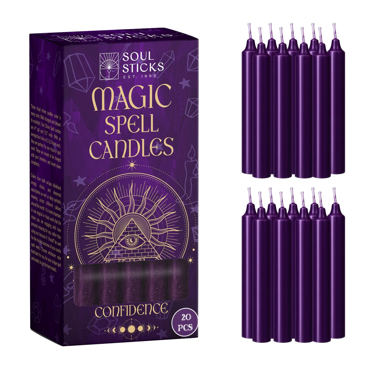 SOUL STICKS Confidence Magic Spell Color Chime Candles 20 Pack - Ideal for Altar, Rituals, Ceremonies, Meditation Purple Taper Candle for Witchcraft Supplies, Wiccan Supplies, Candles Clearance