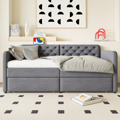 KEIKI Twin Upholstered Daybed with 2 Storage Drawers & USB Charging, Plush Velvet Button-Tufted Headboard, Sofa Bed for Living Room or Bedroom, No Box Spring Needed, Gray